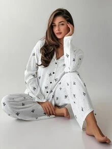 Livesso Women's All-Over Print Long Sleeve Top And Pants Casual Cute Daily Home Sleepwear Set Lounge Sleep White And Black Fall - White - View 5