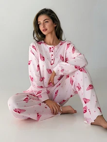 Livesso Women's All-Over Print Long Sleeve Top And Pants Casual Cute Fairy Daily Pajama Set Lounge Sleep Pink And Red Fall - White - View 1