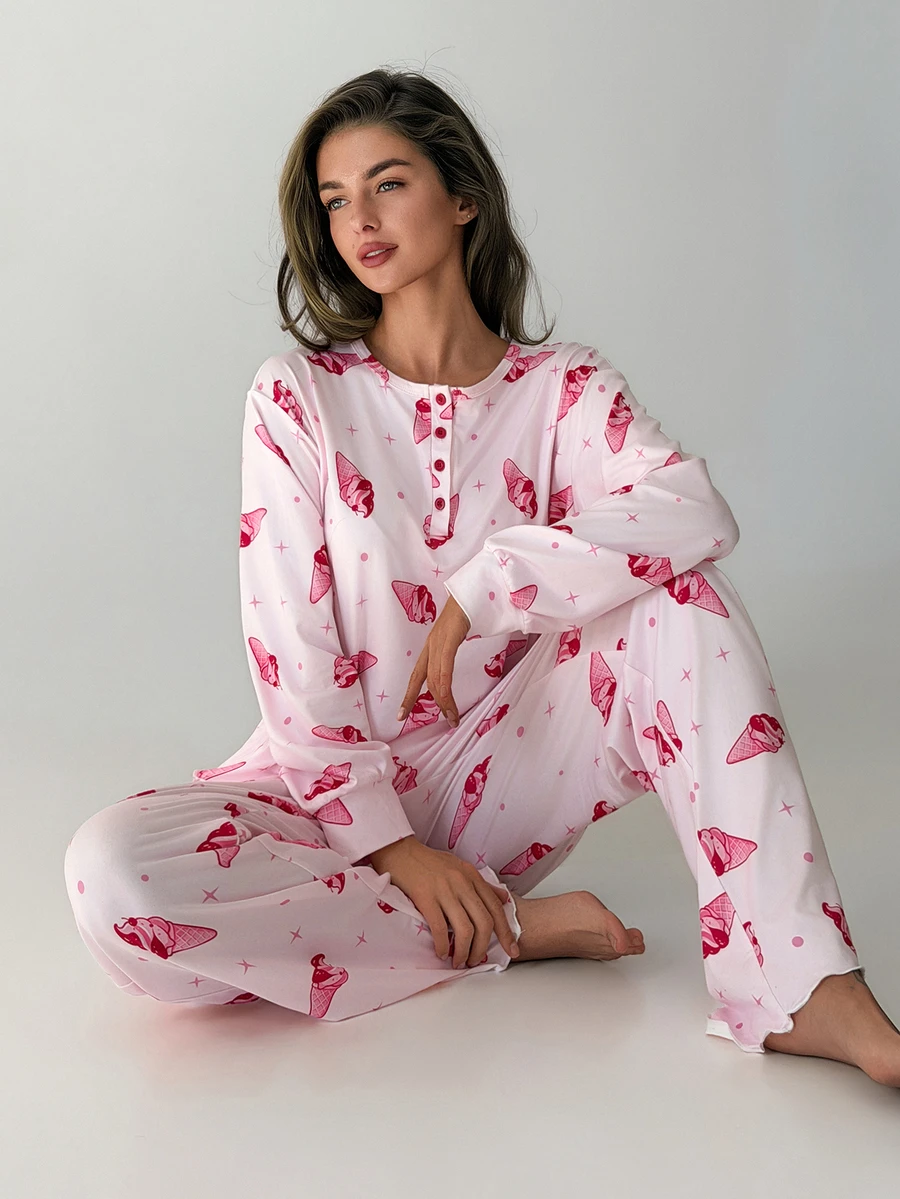 Livesso Women's All-Over Print Long Sleeve Top And Pants Casual Cute Fairy Daily Pajama Set Lounge Sleep Pink And Red Fall - White - View 1