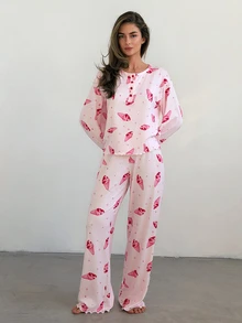 Livesso Women's All-Over Print Long Sleeve Top And Pants Casual Cute Fairy Daily Pajama Set Lounge Sleep Pink And Red Fall - White - View 3