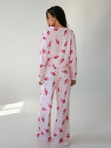Livesso Women's All-Over Print Long Sleeve Top And Pants Casual Cute Fairy Daily Pajama Set Lounge Sleep Pink And Red Fall - White - View 2