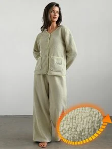 DAZY Women's Letter Embroidered Single-Breasted Pocket Top And Pants Pajama Set Fall - Green - View 5