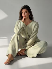 DAZY Women's Letter Embroidered Single-Breasted Pocket Top And Pants Pajama Set Fall - Green - View 14