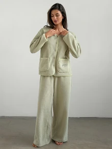 DAZY Women's Letter Embroidered Single-Breasted Pocket Top And Pants Pajama Set Fall - Green - View 9