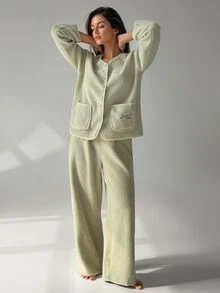 DAZY Women's Letter Embroidered Single-Breasted Pocket Top And Pants Pajama Set Fall - Green - View 13
