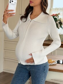 DAZY Áo cardigan len dệt kim ôm dáng màu trơn, cổ gân co giãn, khóa kéo, phong cách thường ngày, đi chơi, cho bà bầu, mùa thu/đông - trắng - Xem 4
