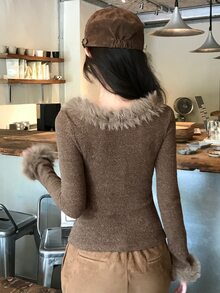 DAZY Women's Fuzzy Trim Fitted Long Sleeve Base Layer T-Shirt - Brown - View 7