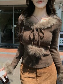 DAZY Women's Fuzzy Trim Fitted Long Sleeve Base Layer T-Shirt - Brown - View 2