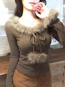 DAZY Women's Fuzzy Trim Fitted Long Sleeve Base Layer T-Shirt - Brown - View 4