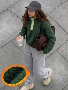 DAZY Women's Zipper Half-Placket Long Sleeve Top And Pants Loungewear Set Fall - Brown - View 3