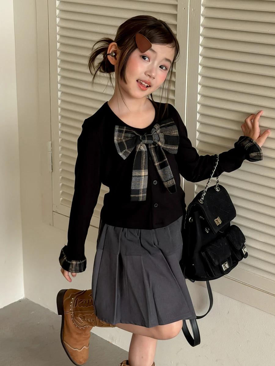Dazy Kids Tween Girl Bow Decor Casual Daily Long Sleeve T-Shirt - Black - View 1