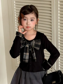Dazy Kids Tween Girl Bow Decor Casual Daily Long Sleeve T-Shirt - Black - View 3
