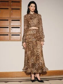 Anewsta Autumn/Winter New Fashion Leopard Print Striped Bodycon Fishtail Ruffle Hem Old Money Vintage Elegant Women's Skirt - Brown - View 3