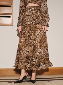Anewsta Autumn/Winter New Fashion Leopard Print Striped Bodycon Fishtail Ruffle Hem Old Money Vintage Elegant Women's Skirt - Brown - View 4