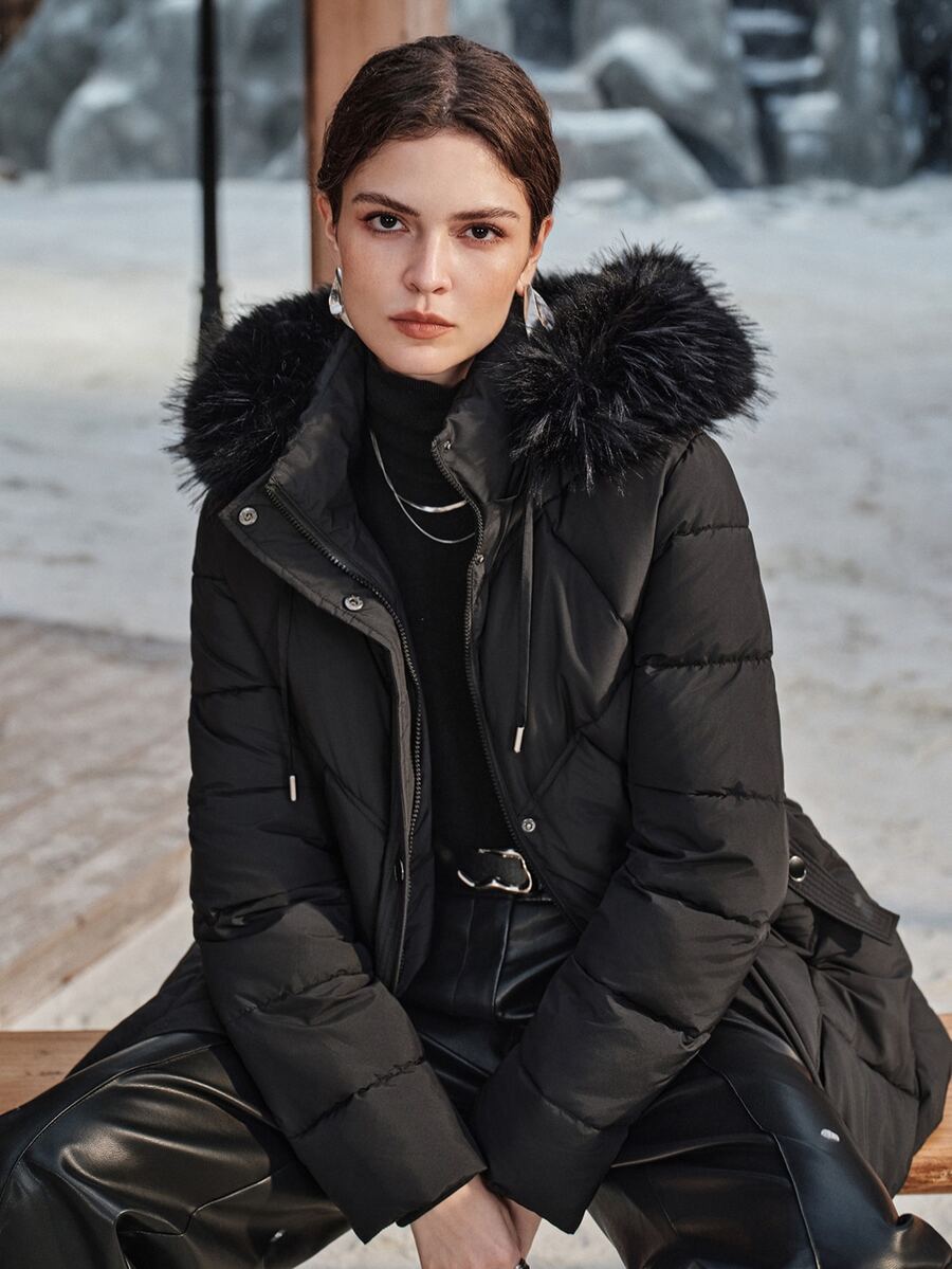 Anewsta Winter Black Hooded Detachable Fur Collar Decorated Belt Long Sleeve Padded Coat - Black - View 1