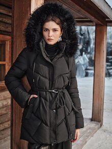 Anewsta Winter Black Hooded Detachable Fur Collar Decorated Belt Long Sleeve Padded Coat - Black - View 6