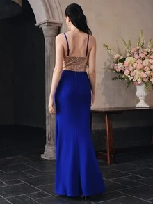 Anewsta Affair Women's Elegant Spaghetti Strap Sequin Patchwork Knit Distressed High Slit Evening Dress - Royal Blue - View 5