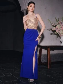 Anewsta Affair Women's Elegant Spaghetti Strap Sequin Patchwork Knit Distressed High Slit Evening Dress - Royal Blue - View 4