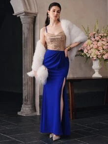 Anewsta Affair Women's Elegant Spaghetti Strap Sequin Patchwork Knit Distressed High Slit Evening Dress - Royal Blue - View 2