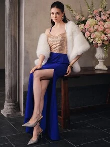 Anewsta Affair Women's Elegant Spaghetti Strap Sequin Patchwork Knit Distressed High Slit Evening Dress - Royal Blue - View 7
