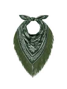 Nöista Green Paisley Scarf With Fringe. Soft Drape And Elegant Print. Feminine And Bohemian. A Statement Accessory For Autumn Looks - Green - View 4