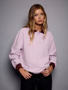 Nöista Loose-Fitting, Drop-Shoulder Polo Shirt. Preppy, Casual. Suitable For Everyday Outings, Travel, Parties, And Commuting. Fall Winter,Going Out - Purple - View 2
