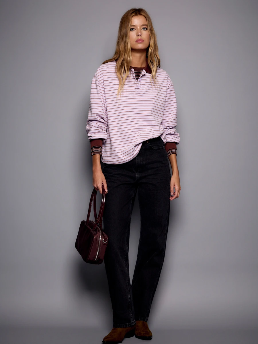 Nöista Loose-Fitting, Drop-Shoulder Polo Shirt. Preppy, Casual. Suitable For Everyday Outings, Travel, Parties, And Commuting. Fall Winter,Going Out - Purple - View 1