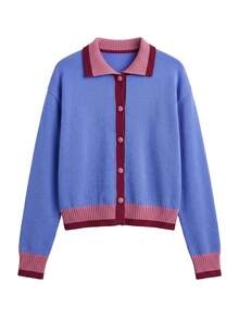 Nöista Knitwear Womenswear Button Cardigan With Contrast Neck And Hem And Cuffs. Perfect Knit Jacket For Country Outfits, Casual, Cute. Fall/Winter Outfit - Blue - View 8