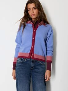 Nöista Knitwear Womenswear Button Cardigan With Contrast Neck And Hem And Cuffs. Perfect Knit Jacket For Country Outfits, Casual, Cute. Fall/Winter Outfit - Blue - View 3
