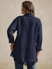 Elegantrix 大尺碼女款秋冬長版襯衫，蕾絲拼接與荷葉邊下擺，休閒通勤優雅上衣 - 藏蓝色 - 查看 5