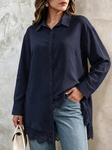 Elegantrix 大尺碼女款秋冬長版襯衫，蕾絲拼接與荷葉邊下擺，休閒通勤優雅上衣 - 藏蓝色 - 查看 3