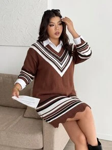 Elenzga Fall/ Plus Size Vintage Casual Elegant V-Neck Brown Knit Dress With Wavy Hem, Loose Fit Flattering Inner Layer Sweater Dress Party Vacation - Brown - View 1