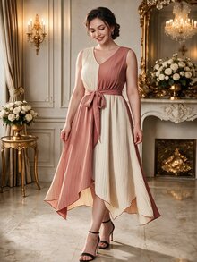 DreamSkyne Plus Two Tone Asymmetrical Hem Belted Dress Maxi Women Outfit - Multicolor - View 4