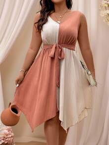 DreamSkyne Plus Two Tone Asymmetrical Hem Belted Dress Maxi Women Outfit - Multicolor - View 1