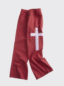 ROMWE MEN Men's Button Design Cross Pattern Casual Denim Jeans - Red - View 1