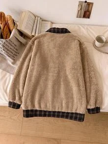 SHEIN CURVE+ Plus Size Women's Colorblock Casual Elegant Loose Fit Everyday Long Sleeve Sweatshirt Going Out Vacation Formal Khaki Fall - Multicolor - View 1