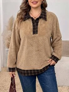 SHEIN CURVE+ Plus Size Women's Colorblock Casual Elegant Loose Fit Everyday Long Sleeve Sweatshirt Going Out Vacation Formal Khaki Fall - Multicolor - View 2