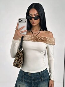 SHEIN ICON Sexy Casual Knit Leopard Print Fur Collar Shoulder Top - Apricot - View 5