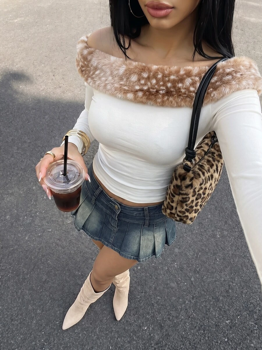 SHEIN ICON Sexy Casual Knit Leopard Print Fur Collar Shoulder Top - Apricot - View 1