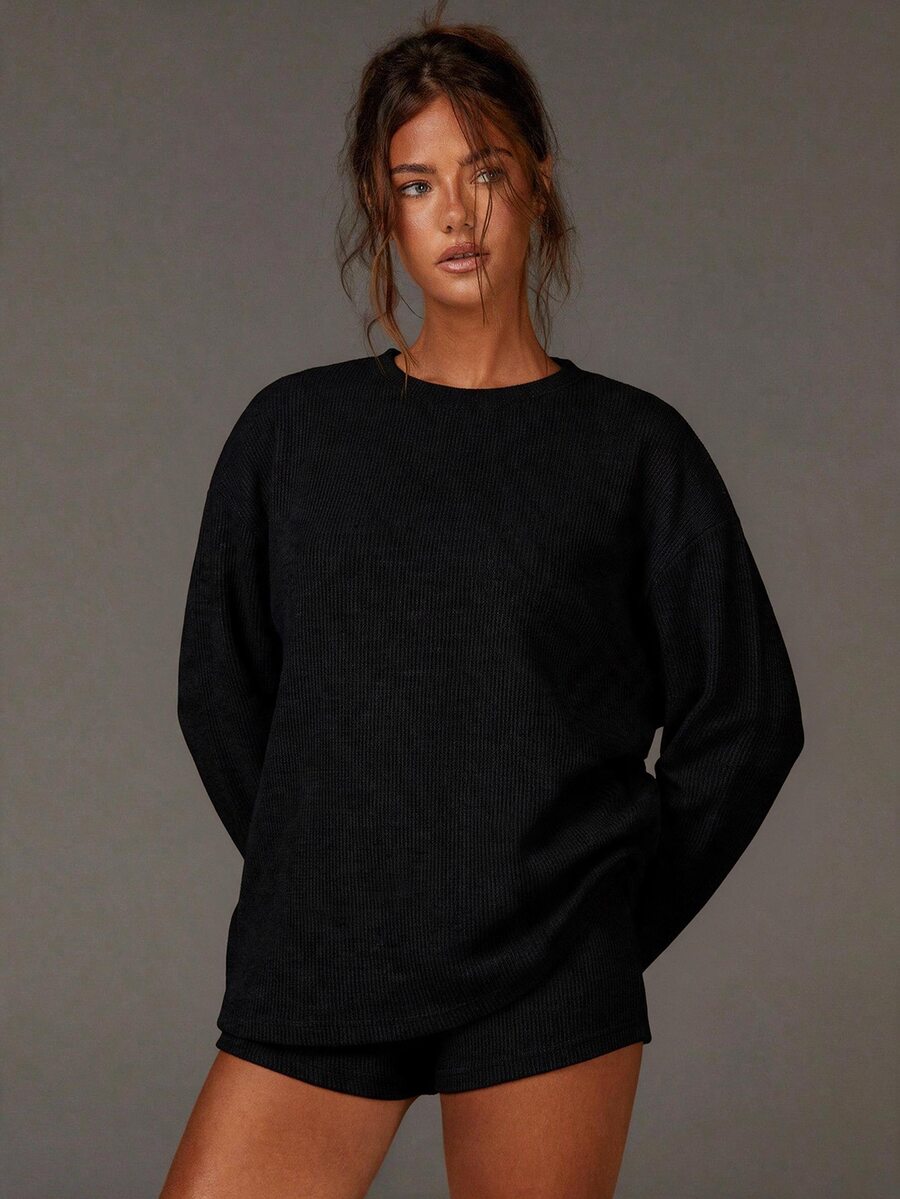 Athîral Women's Casual Round Neck Knitted Solid Color Soft Comfortable Long Sleeve Top T-Shirt 2pcs Set, Daily & Date Outfit - Black - View 1