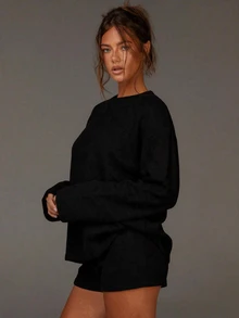Athîral Women's Casual Round Neck Knitted Solid Color Soft Comfortable Long Sleeve Top T-Shirt 2pcs Set, Daily & Date Outfit - Black - View 6