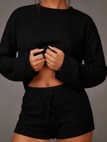 Athîral Women's Casual Round Neck Knitted Solid Color Soft Comfortable Long Sleeve Top T-Shirt 2pcs Set, Daily & Date Outfit - Black - View 3