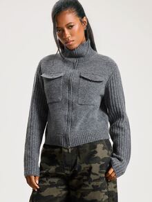 Athîral Women's Casual Grey Stand Collar Zip-Up Cardigan Sweater, Autumn/Winter Sweater, Back To School Season - Grey - View 4