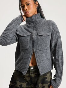 Athîral Women's Casual Grey Stand Collar Zip-Up Cardigan Sweater, Autumn/Winter Sweater, Back To School Season - Grey - View 3