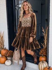 LanaWest Square Neck Velvet Patchwork Floral A-Line Doll Dress Suitable For Casual, Vacation And Date Wear - Coffee Brown - View 3