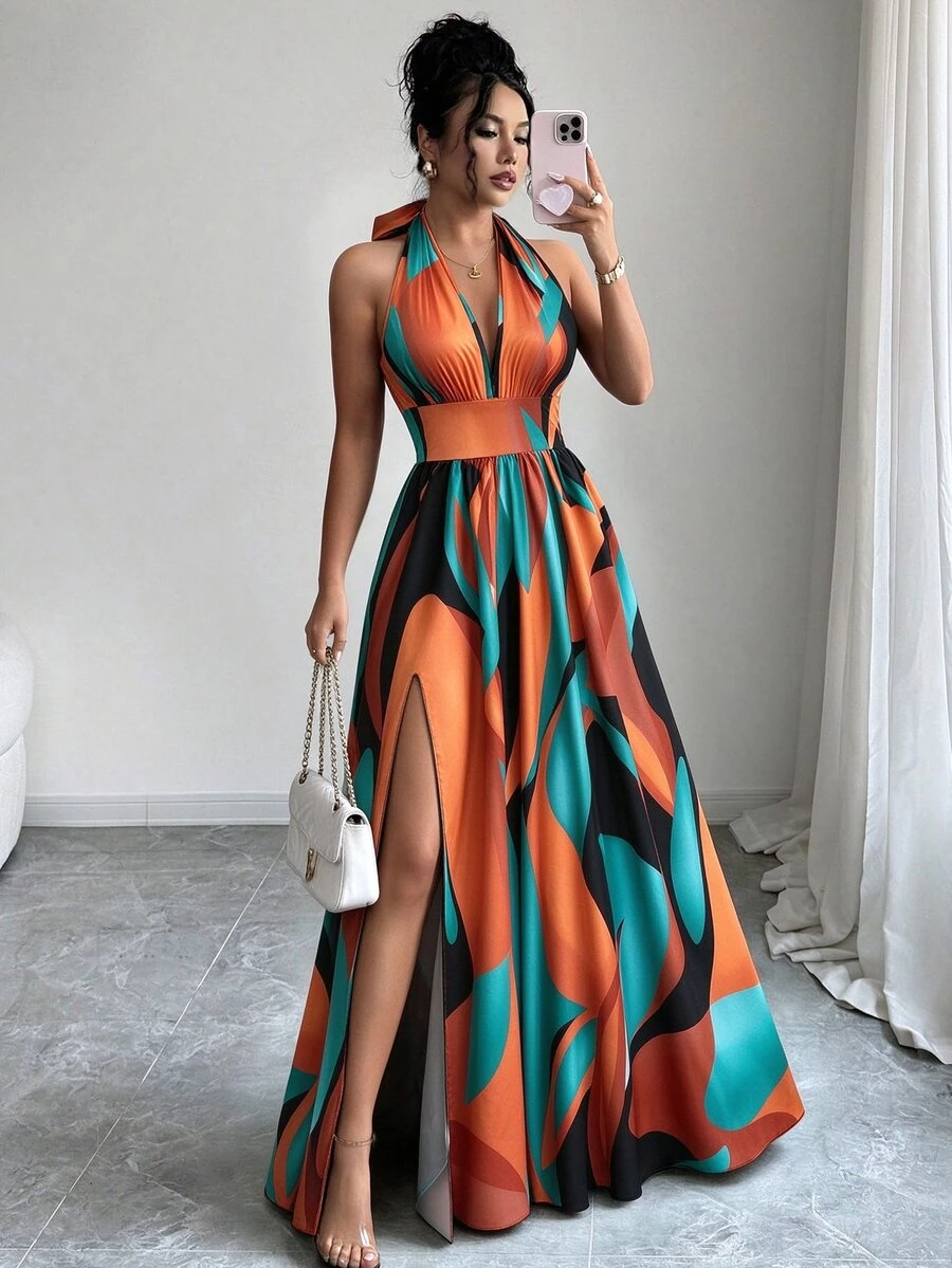Elenzga French Style V-Neck Halter Backless A-Line Slit Sleeveless Maxi Dress For Women,Burnt Orange,Summer,Boho,Elegant,Beach Vacation,Holiday,Holiday Print - Multicolor - View 1