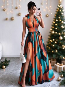 Elenzga French Style V-Neck Halter Backless A-Line Slit Sleeveless Maxi Dress For Women,Burnt Orange,Summer,Boho,Elegant,Beach Vacation,Holiday,Holiday Print - Multicolor - View 3