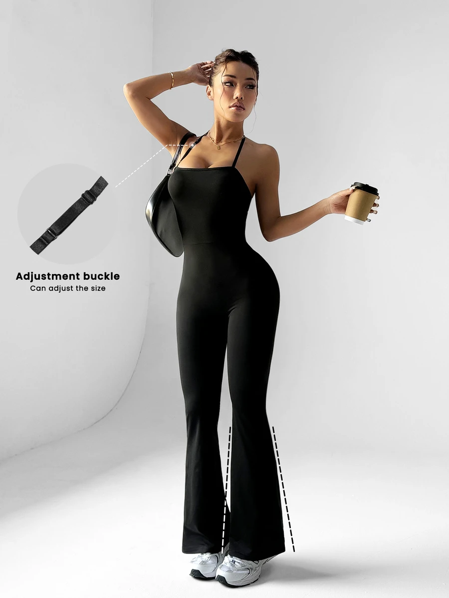 Dewbera Dewbera Neck Tie Flared Jumpsuit Full Gym Workout All Black Summer Modest Athleisure