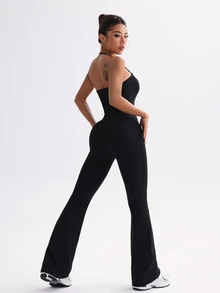 Dewbera Dewbera Neck Tie Flared Jumpsuit Full Gym Workout All Black Summer Modest Athleisure - Black - View 3