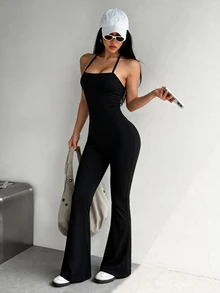 Dewbera Dewbera Neck Tie Flared Jumpsuit Full Gym Workout All Black Summer Modest Athleisure - Black - View 4